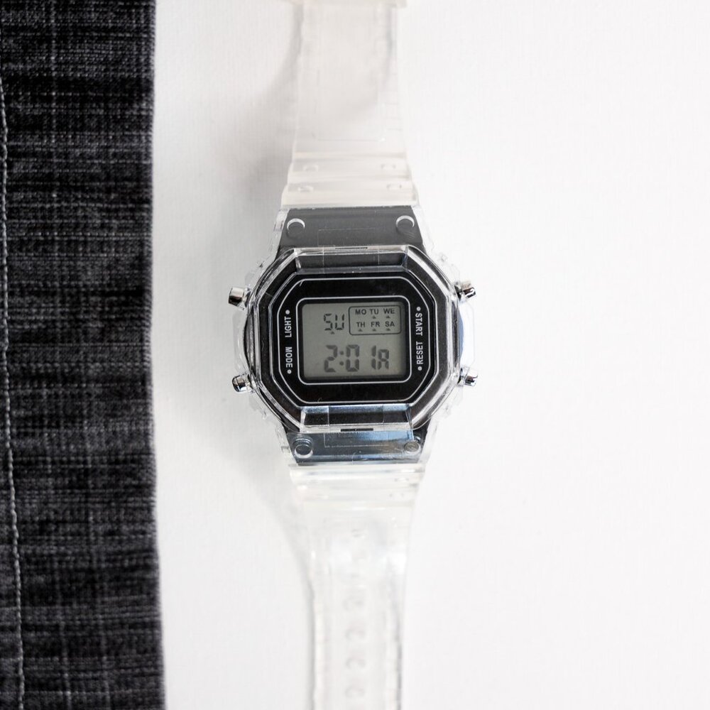y2k black digital watch w/ transparent band — 2000s retro style